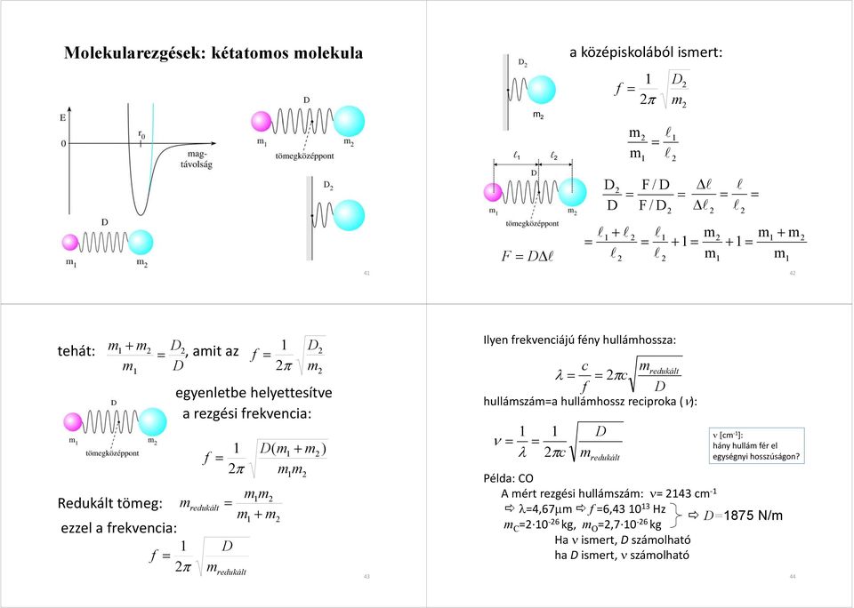 43 Ilyen frekvenciájú fény hullámhossza: c mredukált λ πc f D hullámszáma hullámhossz reciproka (ν): ν λ πc D m redukált ν [cm ]: hány hullám fér el egységnyi