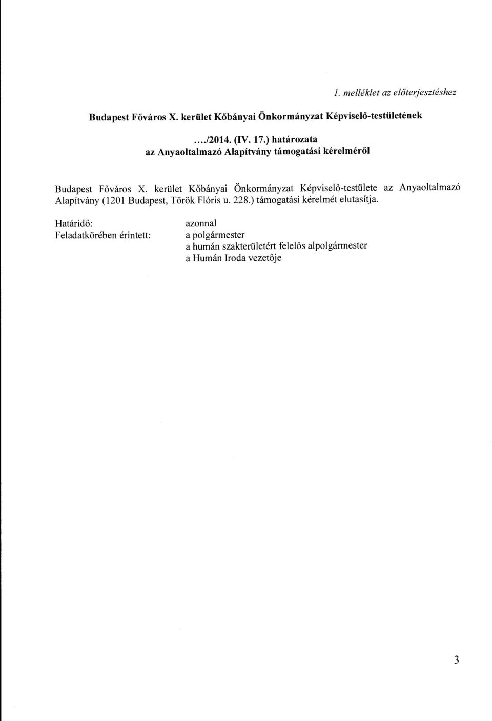 kerület Kőbányai Önkormányzat Képviselő-testülete az Anyaoltalmazó Alapítvány (1201 Budapest, Török Flóris u. 228.