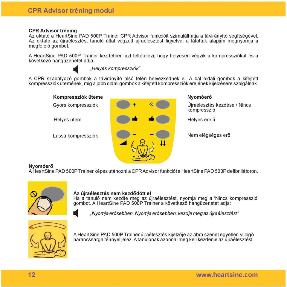 A HeartSine PAD 500P Trainer kezdetben azt feltételezi, hogy helyesen végzik a kompressziókat és a következő hangüzenetet adja: Helyes kompressziók A CPR szabályozó gombok a távirányító alsó felén