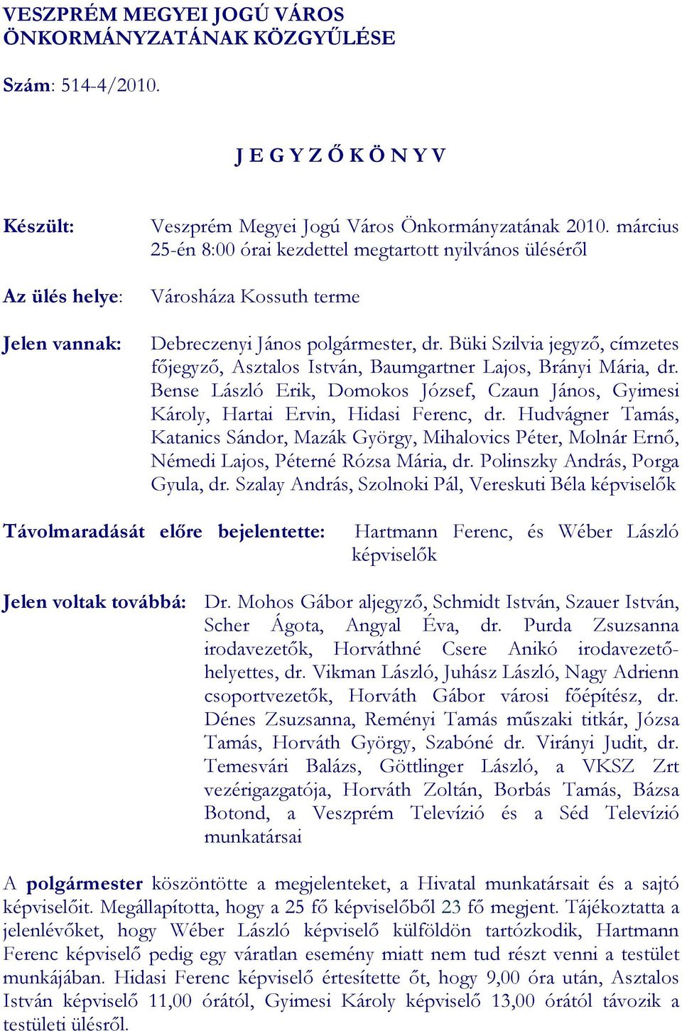 Büki Szilvia jegyzı, címzetes fıjegyzı, Asztalos István, Baumgartner Lajos, Brányi Mária, dr. Bense László Erik, Domokos József, Czaun János, Gyimesi Károly, Hartai Ervin, Hidasi Ferenc, dr.