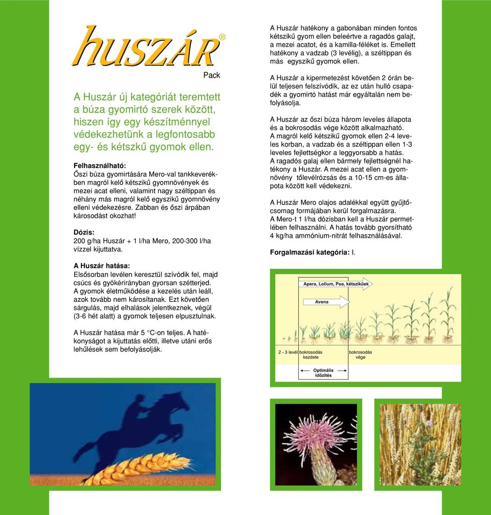 Zabban és ôszi árpában károsodást okozhat! Dózis: 200 g/ha Huszár + 1 l/ha Mero, 200-300 l/ha vízzel kijuttatva.