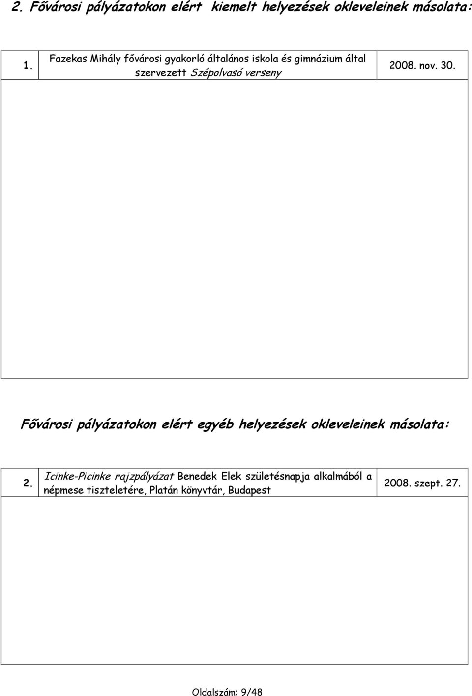 2008. nov. 30. Fővárosi pályázatokon elért egyéb helyezések okleveleinek másolata: 2.