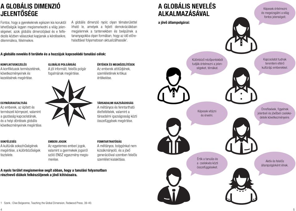 A globális dimenzió nyolc olyan tématerülettel írható le, amelyek a fejlett demokráciákban megjelennek a tantervekben és beépülnek a tananyagokba olyan formában, hogy az idő előrehaladtával