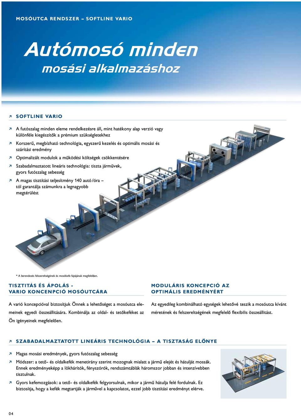 technológia: tiszta járm vek, gyors futószalag sebesség j a magas tisztítási teljesítmény 140 autó /óra tól garantálja számunkra a legnagyobb megtérülést * A berendezés felszereltségének és mosókefe