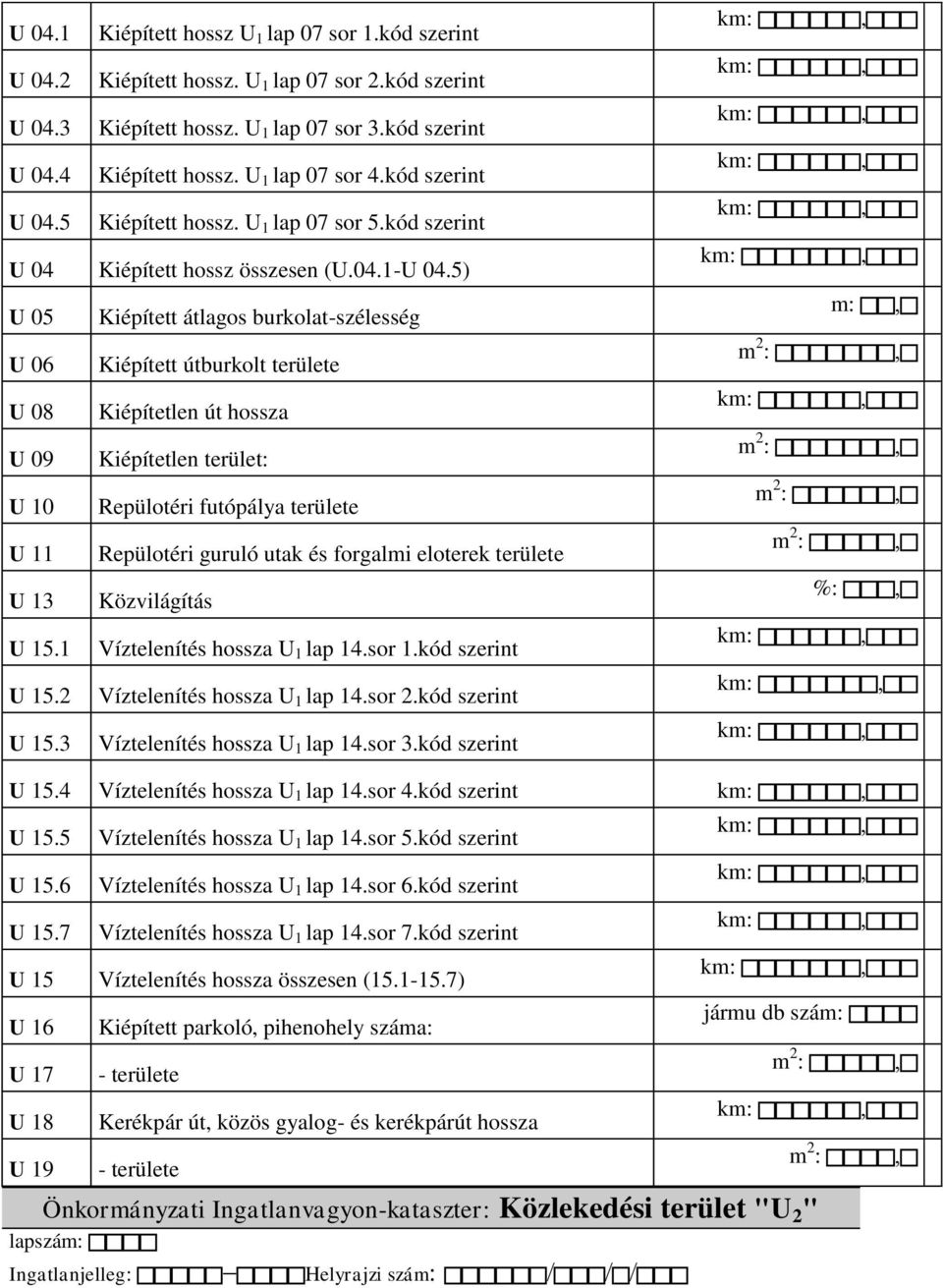 5) U 05 Kiépített átlagos burkolat-szélesség U 06 Kiépített útburkolt területe U 08 Kiépítetlen út hossza U 09 Kiépítetlen terület: U 10 Repülotéri futópálya területe U 11 Repülotéri guruló utak és