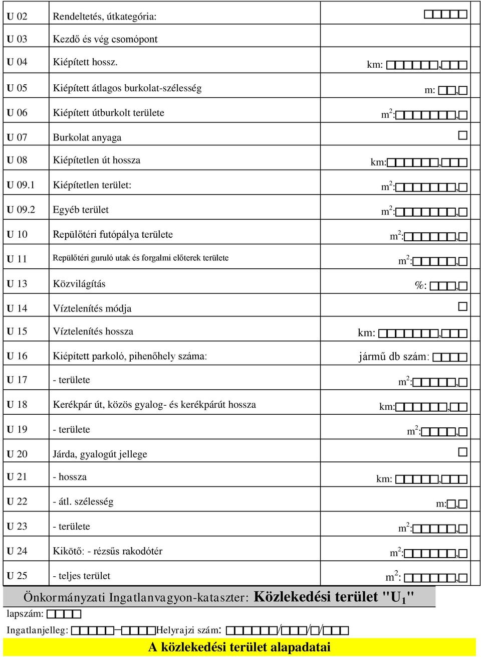 2 Egyéb terület m 2 : U 10 Repülőtéri futópálya területe m 2 : U 11 Repülőtéri guruló utak és forgalmi előterek területe m 2 : U 13 Közvilágítás %: U 14 Víztelenítés módja U 15 Víztelenítés hossza