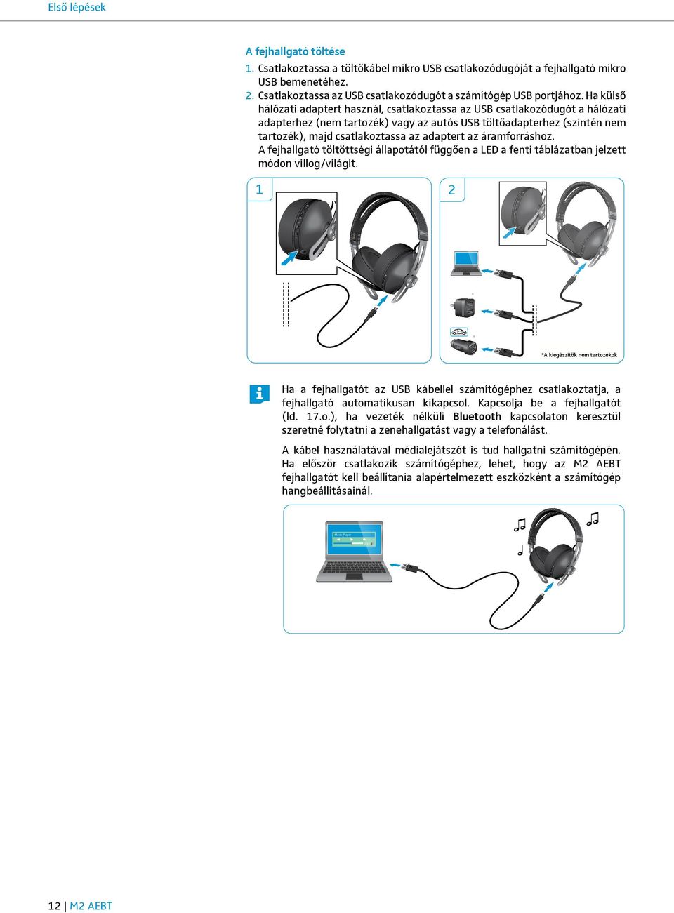 Ha külső hálózati adaptert használ, csatlakoztassa az USB csatlakozódugót a hálózati adapterhez (nem tartozék) vagy az autós USB töltőadapterhez (szintén nem tartozék), majd csatlakoztassa az