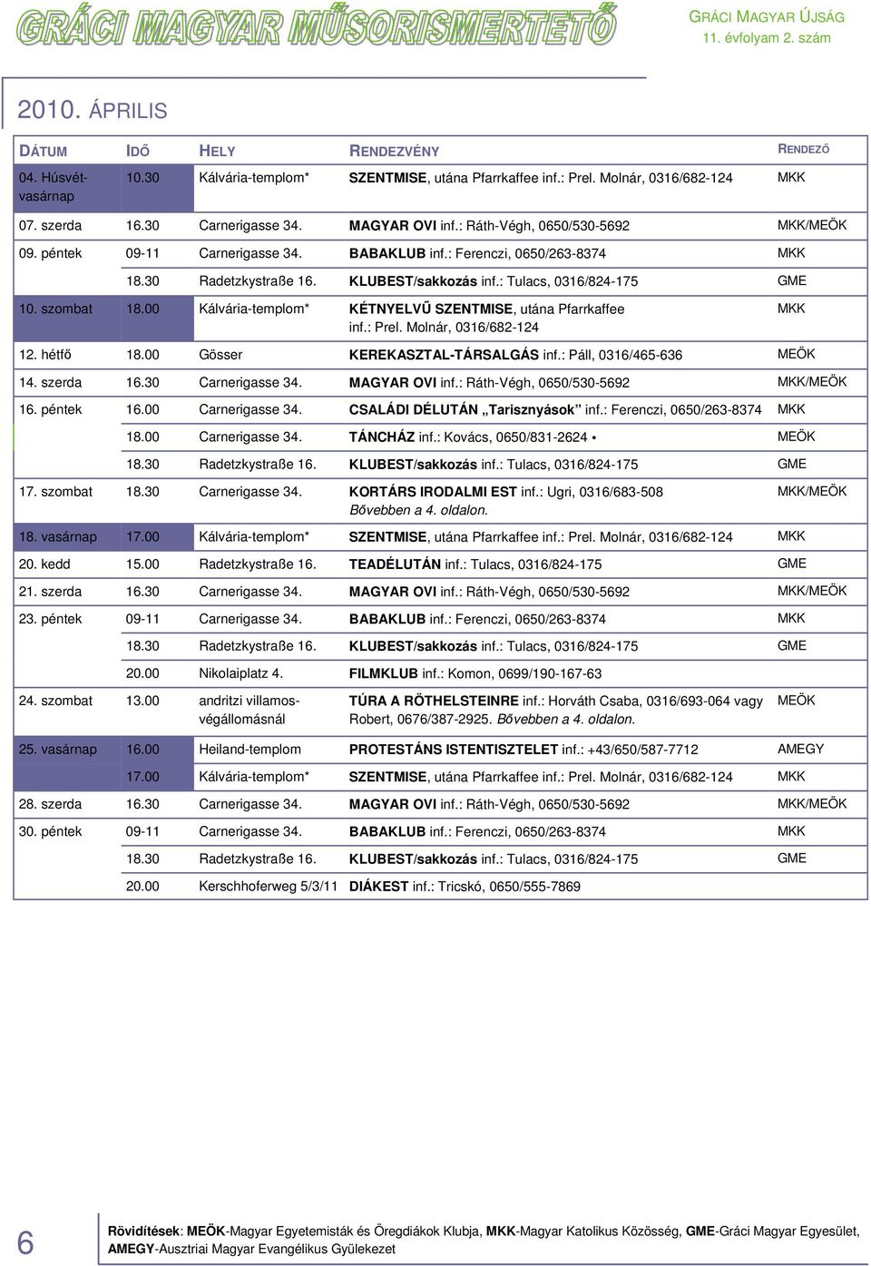 00 Kálvária-templom* KÉTNYELVŰ SZENTMISE, utána Pfarrkaffee inf.: Prel. Molnár, 0316/682-124 MKK 12. hétfő 18.00 Gösser KEREKASZTAL-TÁRSALGÁS inf.: Páll, 0316/465-636 MEÖK 14. szerda 16.