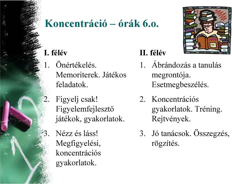 Megfigyelési, koncentrációs gyakorlatok. II. félév 1. Ábrándozás a tanulás megrontója.