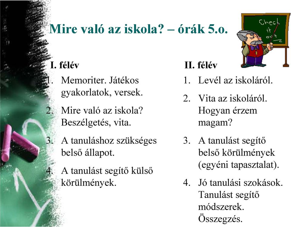 A tanulást segítő külső körülmények. II. félév 1. Levél az iskoláról. 2. Vita az iskoláról.