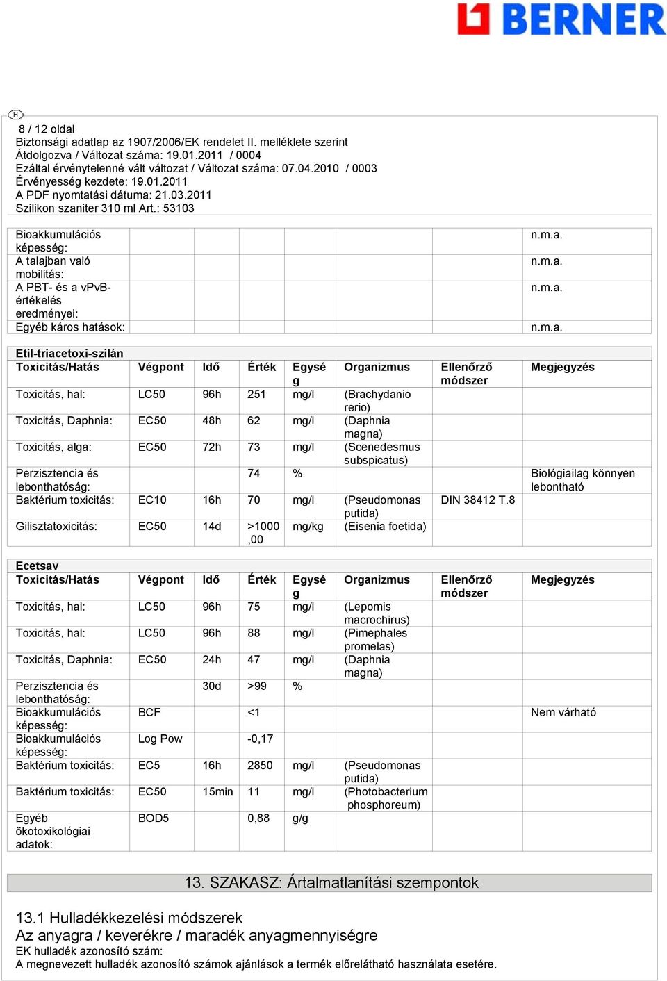 lebonthatóság: Baktérium toxicitás: EC10 16h 70 mg/l (Pseudomonas Gilisztatoxicitás: EC50 14d >1000,00 Ecetsav Toxicitás/Hatás Végpont Idő Érték Egysé g Organizmus Toxicitás, hal: LC50 96h 75 mg/l