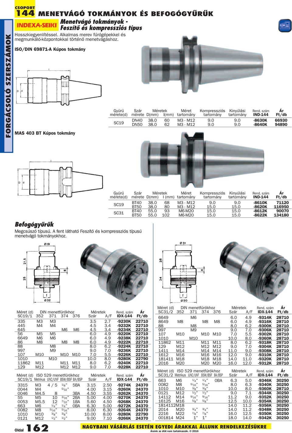 ISO/IN 69871A Kúpos tokmány MAS 403 BT Kúpos tokmány Gyűrű Szár Méretek Méret Kompressziós Kinyúlási mérete(d) mérete (mm) I(mm) tartomány tartomány tartomány IN144 N40 38.0 60 M3 M12 9.0 9.