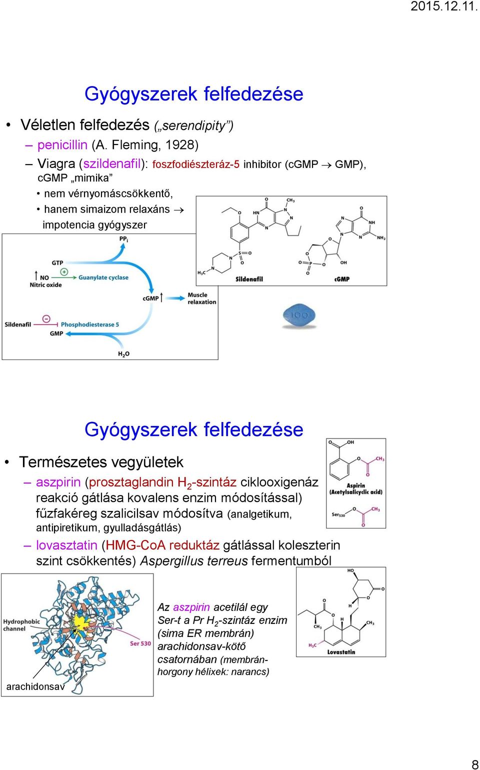 felfedezése Természetes vegyületek aszpirin (prosztaglandin H 2 -szintáz ciklooxigenáz reakció gátlása kovalens enzim módosítással) fűzfakéreg szalicilsav módosítva