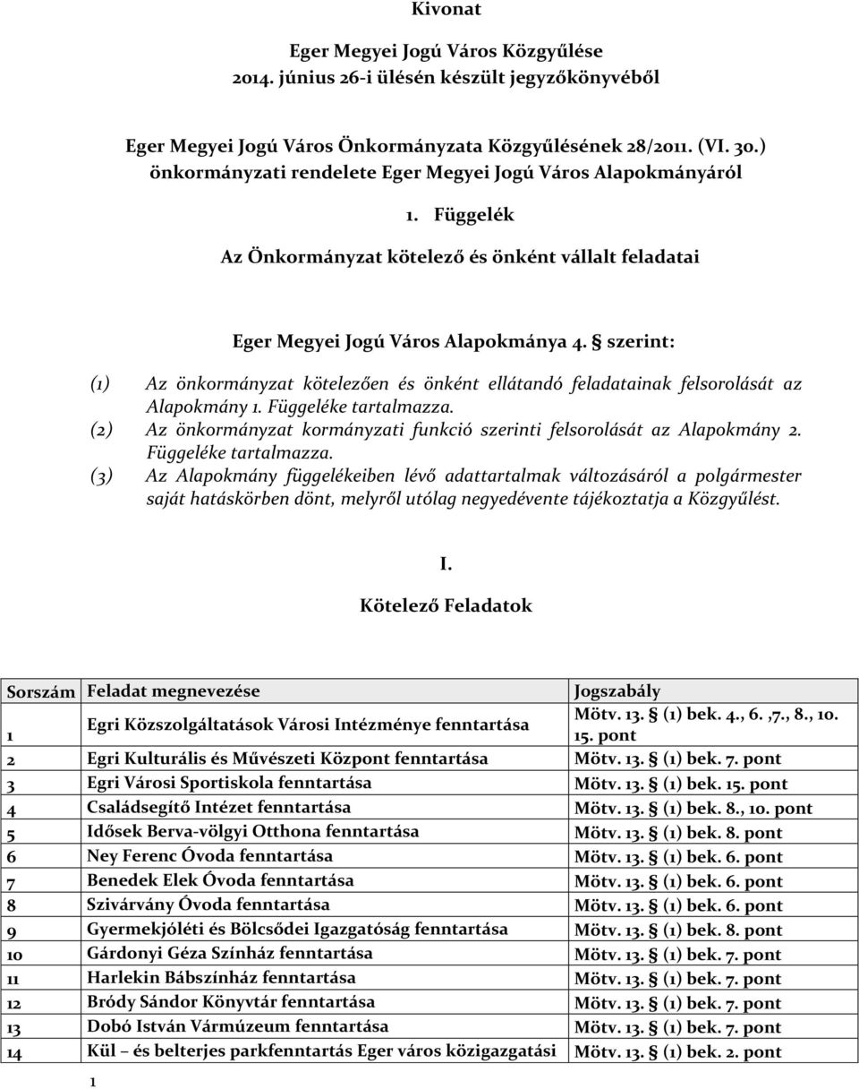 szerint: (1) Az önkormányzat kötelezően és önként ellátandó feladatainak felsorolását az Alapokmány 1. Függeléke tartalmazza.