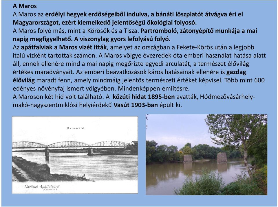 Az apátfalviak a Maros vizét itták, amelyet az országban a Fekete-Körös után a legjobb italú vízként tartottak számon.