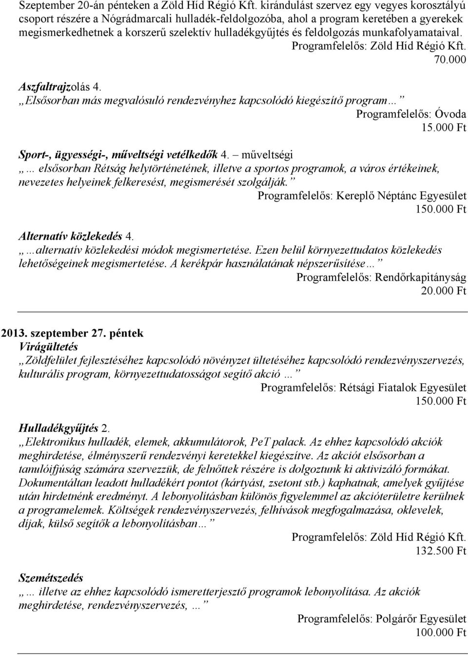 feldolgozás munkafolyamataival. 70.000 Aszfaltrajzolás 4. Elsősorban más megvalósuló rendezvényhez kapcsolódó kiegészítő program Programfelelős: Óvoda 15.