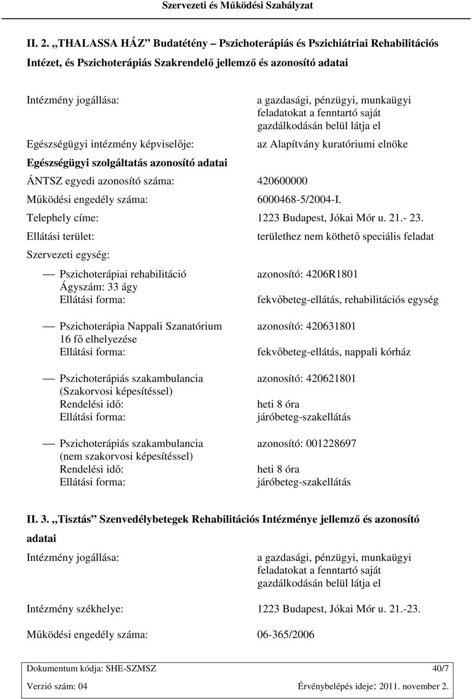 Egészségügyi szolgáltatás azonosító adatai ÁNTSZ egyedi azonosító száma: 420600000 Mőködési engedély száma: a gazdasági, pénzügyi, munkaügyi feladatokat a fenntartó saját gazdálkodásán belül látja el