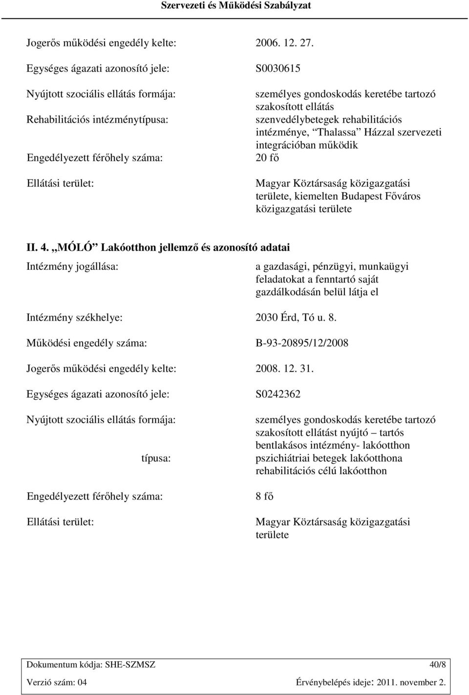 szakosított ellátás szenvedélybetegek rehabilitációs intézménye, Thalassa Házzal szervezeti integrációban mőködik 20 fı Magyar Köztársaság közigazgatási területe, kiemelten Budapest Fıváros