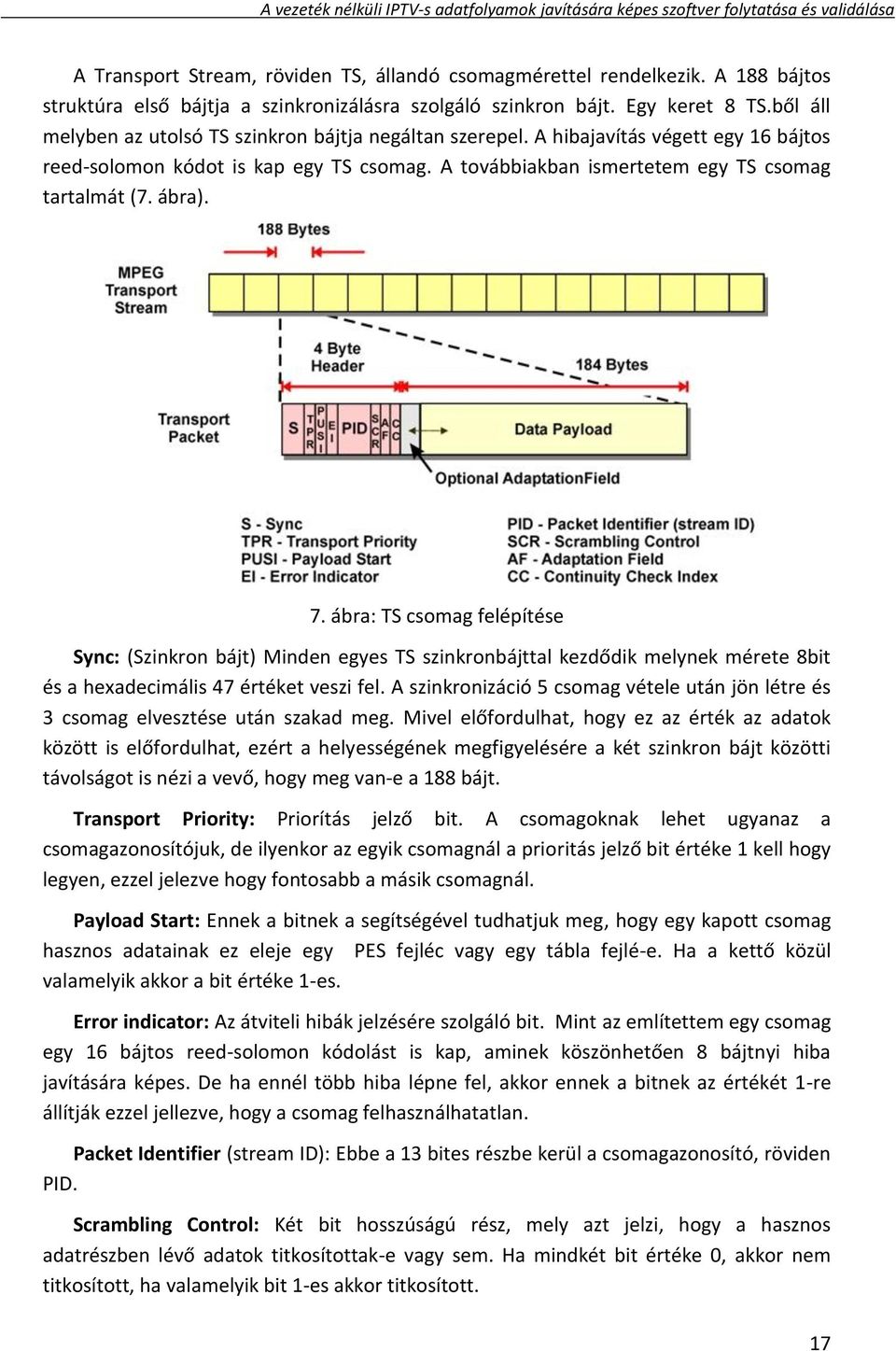 7. ábra: TS csomag felépítése Sync: (Szinkron bájt) Minden egyes TS szinkronbájttal kezdődik melynek mérete 8bit és a hexadecimális 47 értéket veszi fel.