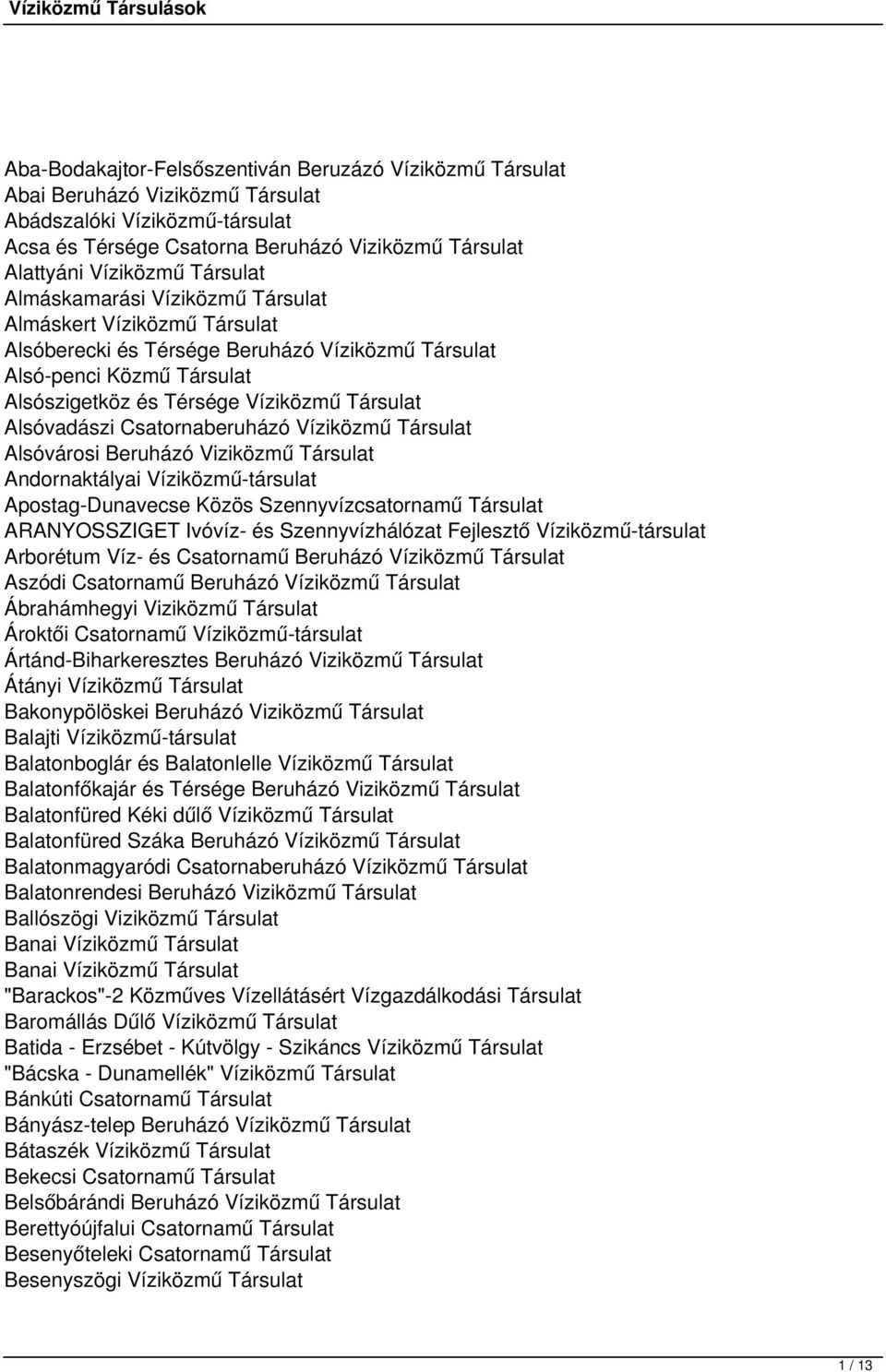 Alsóvadászi Csatornaberuházó Víziközmű Társulat Alsóvárosi Beruházó Viziközmű Társulat Andornaktályai Víziközmű-társulat Apostag-Dunavecse Közös Szennyvízcsatornamű Társulat ARANYOSSZIGET Ivóvíz- és