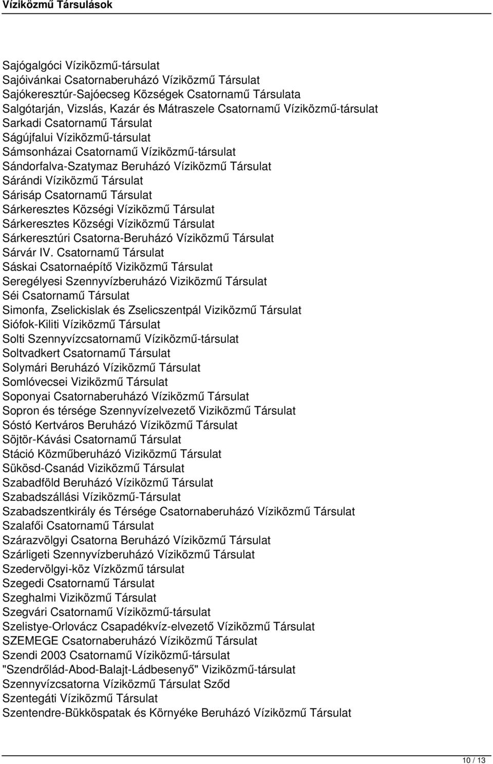 Sárisáp Csatornamű Társulat Sárkeresztes Községi Víziközmű Társulat Sárkeresztes Községi Víziközmű Társulat Sárkeresztúri Csatorna-Beruházó Víziközmű Társulat Sárvár IV.