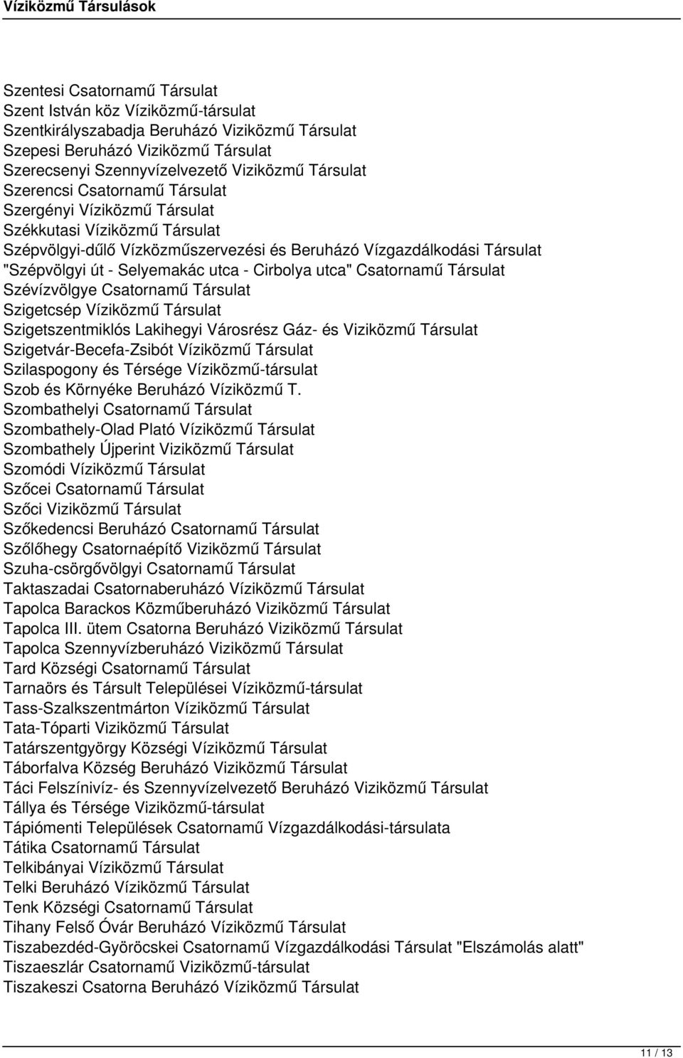 Cirbolya utca" Csatornamű Társulat Szévízvölgye Csatornamű Társulat Szigetcsép Víziközmű Társulat Szigetszentmiklós Lakihegyi Városrész Gáz- és Viziközmű Társulat Szigetvár-Becefa-Zsibót Víziközmű