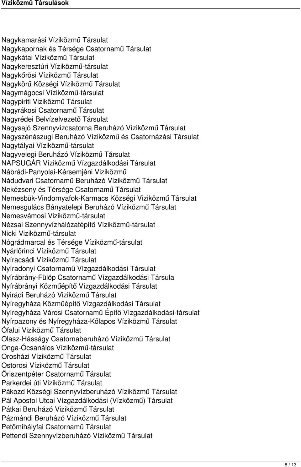 Nagyszénászugi Beruházó Víziközmű és Csatornázási Társulat Nagytályai Víziközmű-társulat Nagyvelegi Beruházó Víziközmű Társulat NAPSUGÁR Víziközmű Vízgazdálkodási Társulat Nábrádi-Panyolai-Kérsemjéni