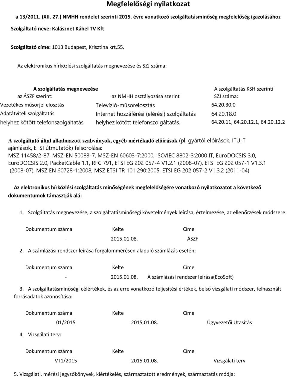 Az elektronikus hírközlési szolgáltatás megnevezése és SZJ száma: A szolgáltatás megnevezése az ÁSZF szerint: Vezetékes műsorjel elosztás az NHH az NMHH osztályozása osztályozása szerint: szerint