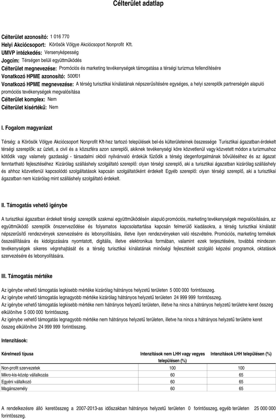 azonosító: f1 Vonatkozó HPME megnevezése: A térség turisztikai kínálatának népszerűsítésére egységes, a helyi szereplők partnerségén alapuló promóciós tevékenységek megvalósítása Célterület komplex: