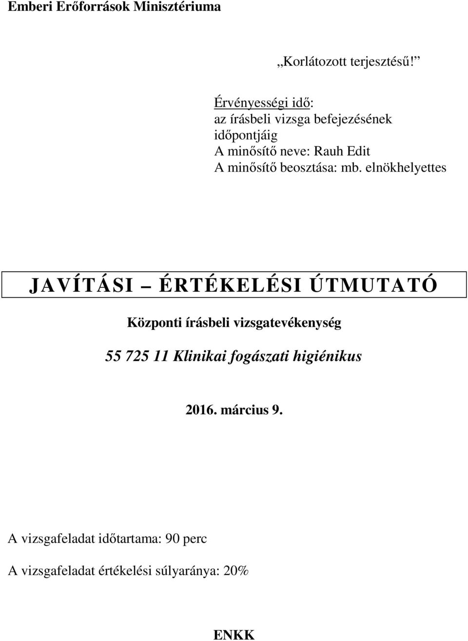 elnökhelyettes JAVÍTÁSI ÉRTÉKELÉSI ÚTMUTATÓ Központi írásbeli vizsgatevékenység 55 725 11