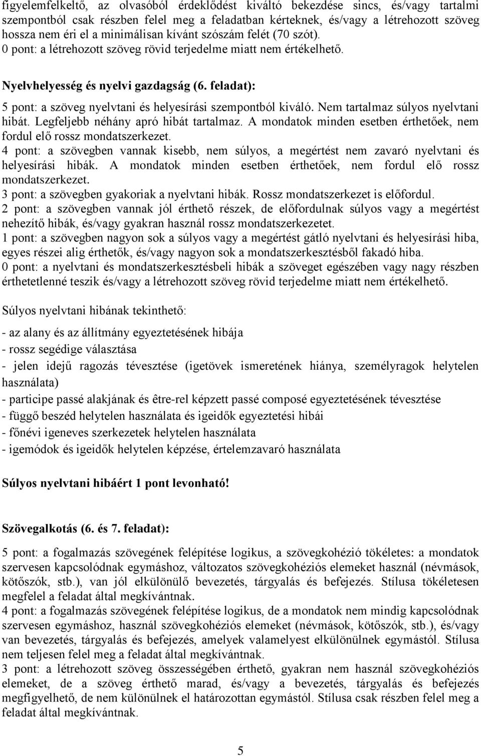 feladat): 5 pont: a szöveg nyelvtani és helyesírási szempontból kiváló. Nem tartalmaz súlyos nyelvtani hibát. Legfeljebb néhány apró hibát tartalmaz.