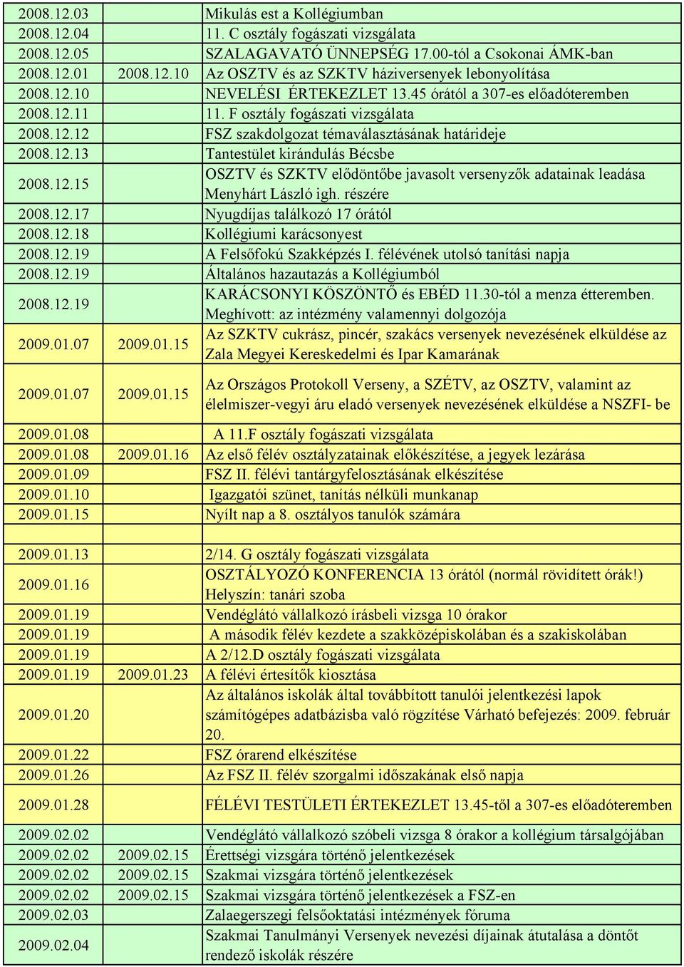 12.15 OSZTV és SZKTV elődöntőbe javasolt versenyzők adatainak leadása Menyhárt László igh. részére 2008.12.17 Nyugdíjas találkozó 17 órától 2008.12.18 Kollégiumi karácsonyest 2008.12.19 A Felsőfokú Szakképzés I.