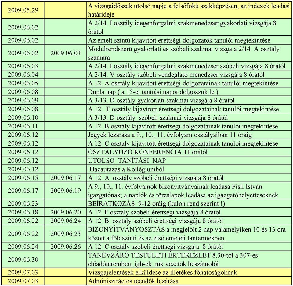 V osztály szóbeli vendéglátó menedzser vizsgája 8 órától 2009.06.05 A 12. A osztály kijavított érettségi dolgozatainak tanulói megtekintése 2009.06.08 Dupla nap ( a 15-ei tanítási napot dolgozzuk le ) 2009.