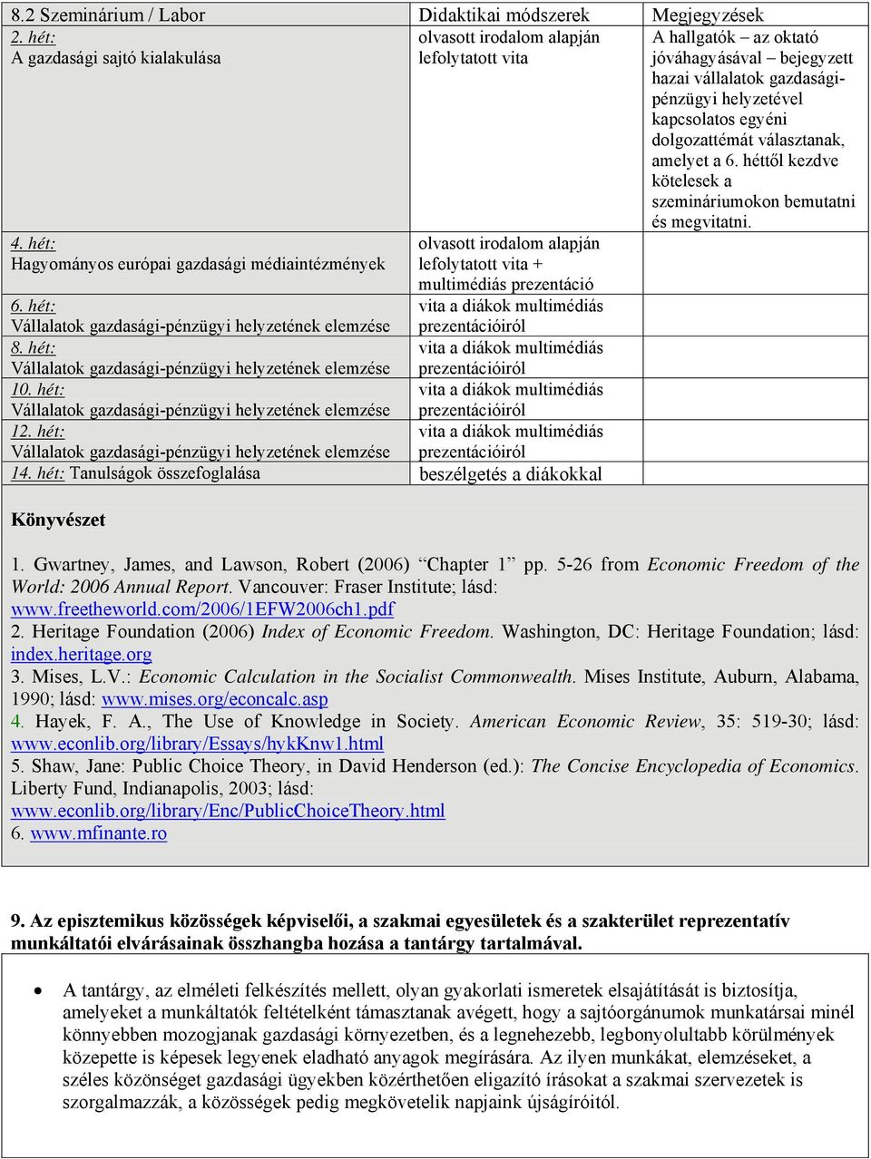 hét: Vállalatok gazdasági-pénzügyi helyzetének elemzése 8. hét: Vállalatok gazdasági-pénzügyi helyzetének elemzése 10. hét: Vállalatok gazdasági-pénzügyi helyzetének elemzése prezentációiról 12.