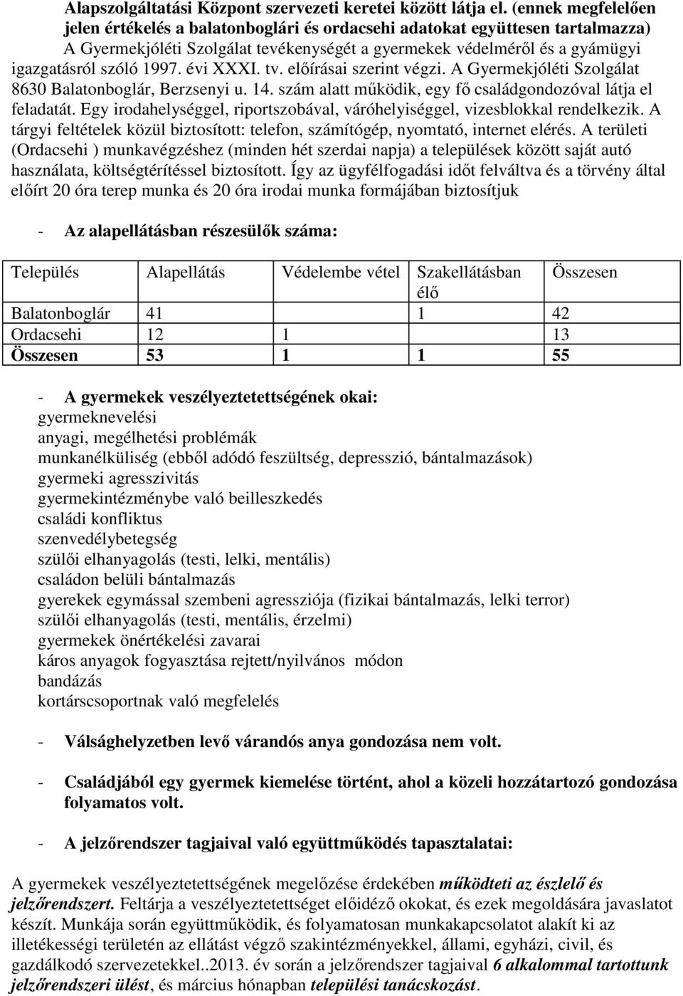 elıírásai szerint végzi. A Szolgálat 8630 Balatonboglár, Berzsenyi u. 14. szám alatt mőködik, egy fı családgondozóval látja el feladatát.