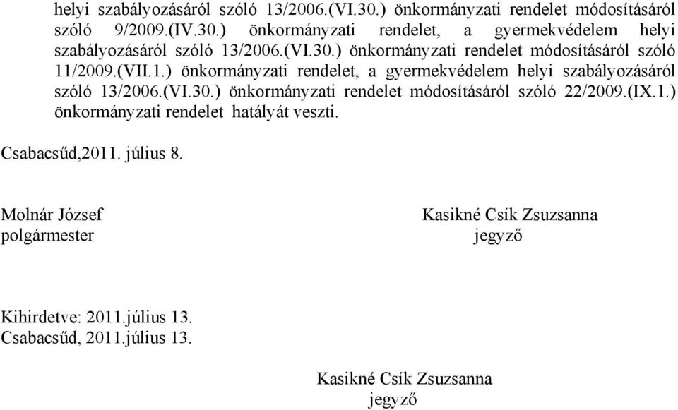 (IX.1.) önkormányzati rendelet hatályát veszti. Csabacsűd,2011. július 8. Molnár József polgármester Kasikné Csík Zsuzsanna jegyző Kihirdetve: 2011.