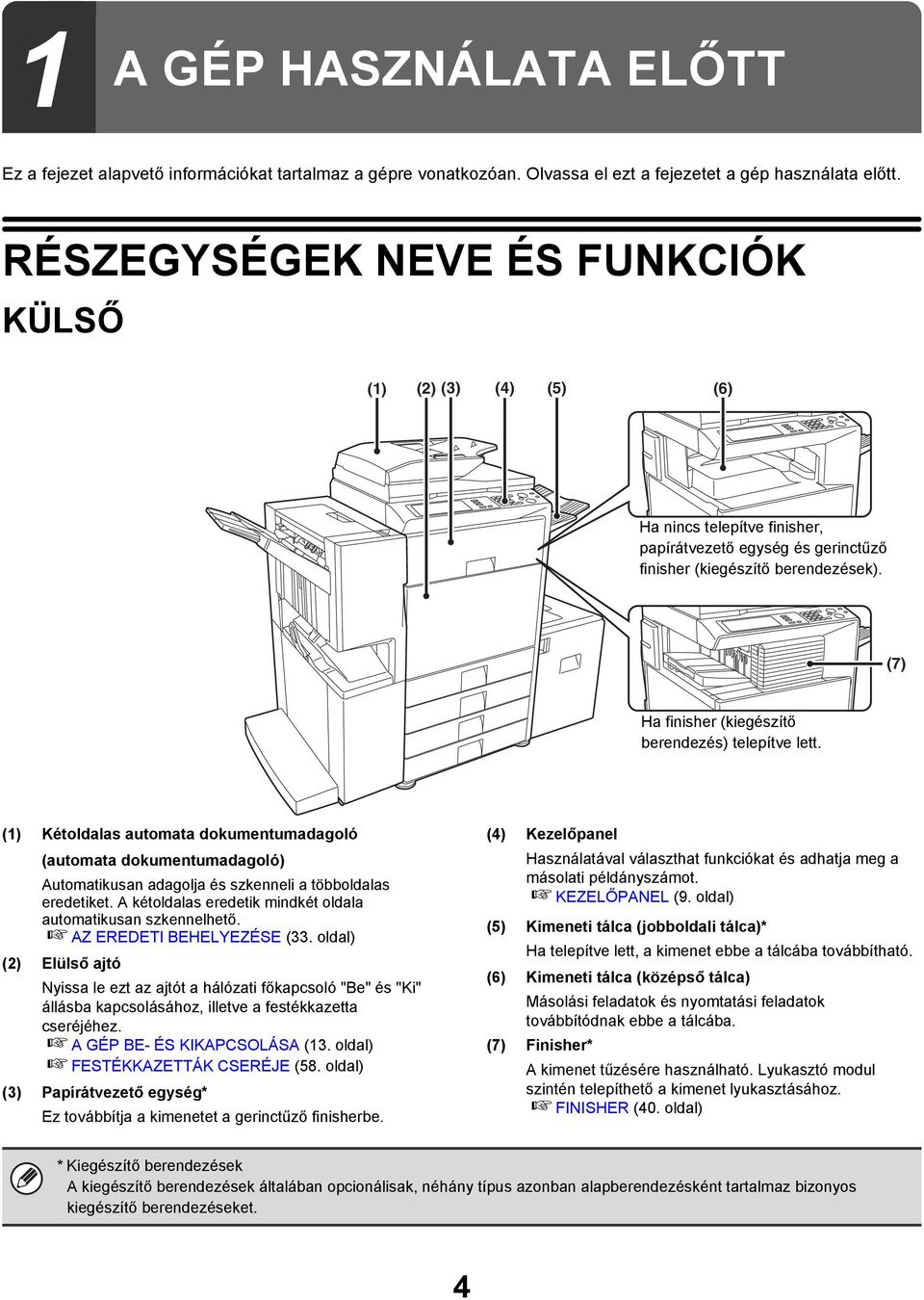 (7) Ha finisher (kiegészítő berendezés) telepítve lett. (1) Kétoldalas automata dokumentumadagoló (automata dokumentumadagoló) Automatikusan adagolja és szkenneli a többoldalas eredetiket.