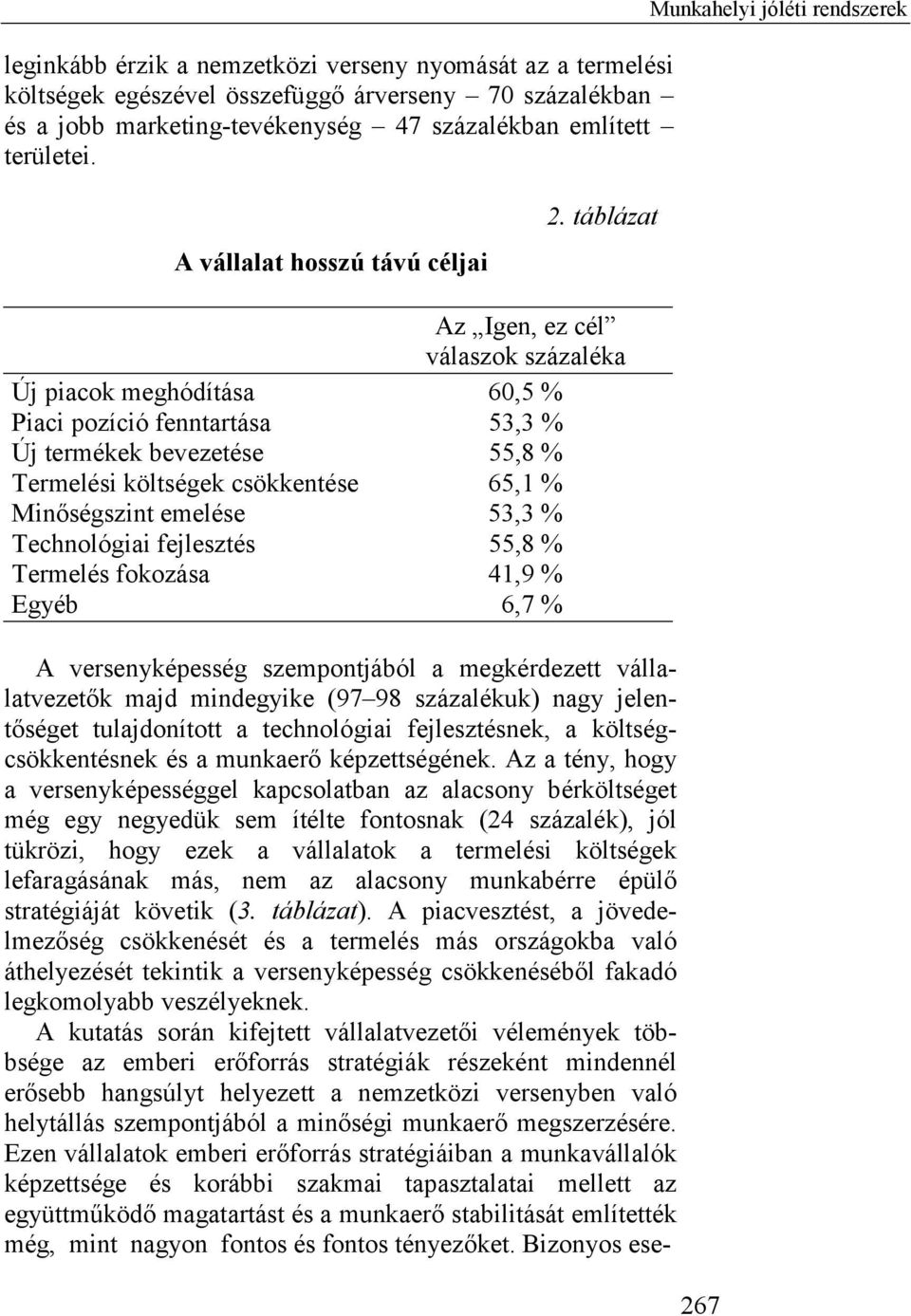 táblázat Az Igen, ez cél válaszok százaléka Új piacok meghódítása 60,5 % Piaci pozíció fenntartása 53,3 % Új termékek bevezetése 55,8 % Termelési költségek csökkentése 65,1 % Minőségszint emelése