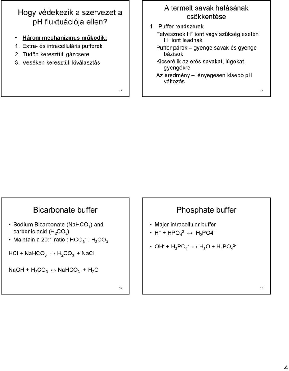 Puffer rendszerek Felvesznek H + iont vagy szükség esetén H + iont leadnak Puffer párok gyenge savak és gyenge bázisok Kicserélik az erős savakat, lúgokat gyengékre Az eredmény
