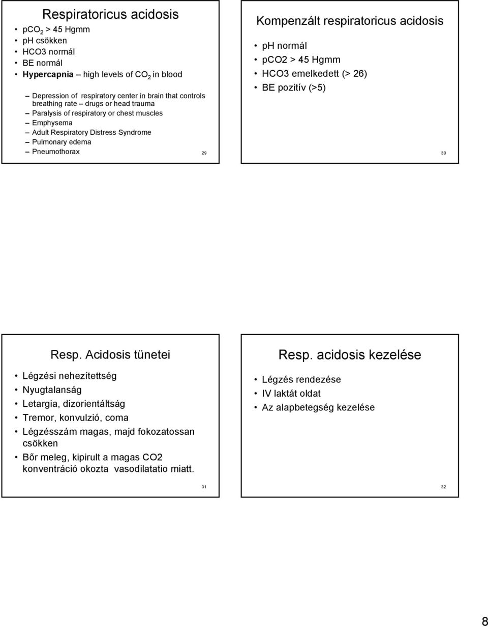 HCO3 emelkedett (> 26) BE pozitív (>5) Pneumothorax 29 30 Resp.