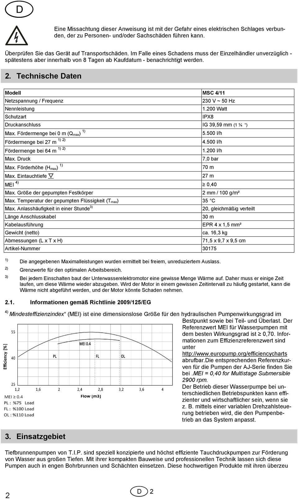 Technische Daten Modell MSC 4/11 Netzspannung / Frequenz 230 V ~ 50 Hz Nennleistung 1.200 Watt Schutzart IPX8 Druckanschluss IG 39,59 mm (1 ¼ ) Max. Fördermenge bei 0 m (Q max) 1) 5.