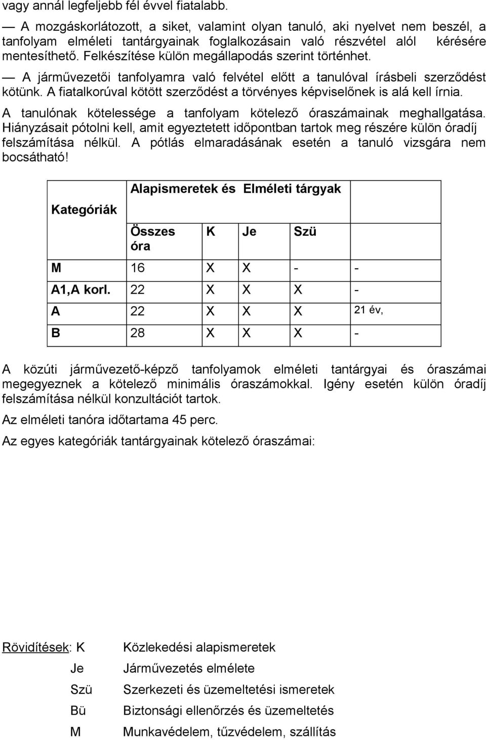 Felkészítése külön megállapdás szerint történhet. A járművezetői tanflyamra való felvétel előtt a tanulóval írásbeli szerződést kötünk.