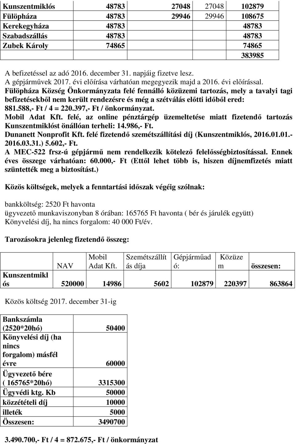 Fülöpháza Község Önkormányzata felé fennálló közüzemi tartozás, mely a tavalyi tagi befizetésekből nem került rendezésre és még a szétválás előtti időből ered: 881.588,- Ft / 4 = 220.