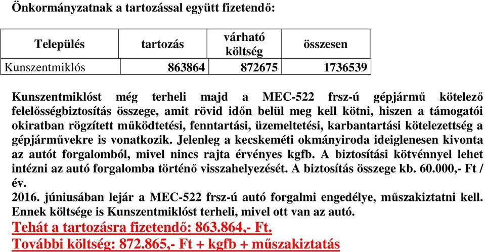 vonatkozik. Jelenleg a kecskeméti okmányiroda ideiglenesen kivonta az autót forgalomból, mivel nincs rajta érvényes kgfb.