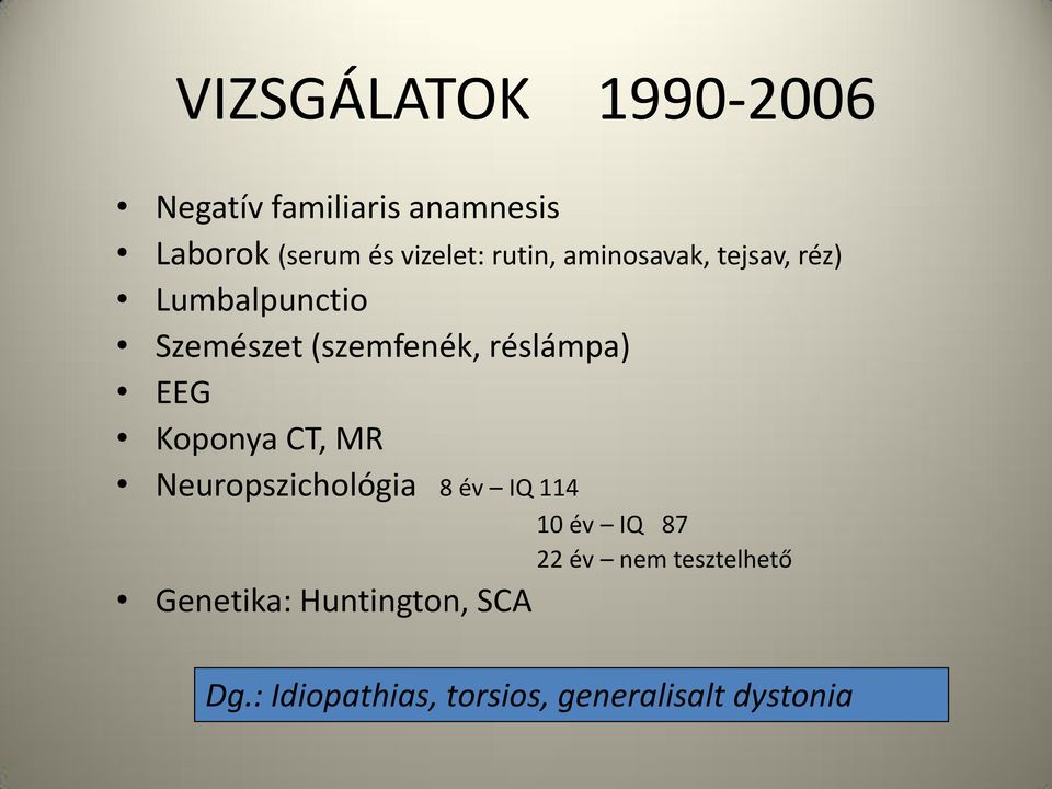 EEG Koponya CT, MR Neuropszichológia 8 év IQ 114 10 év IQ 87 22 év nem