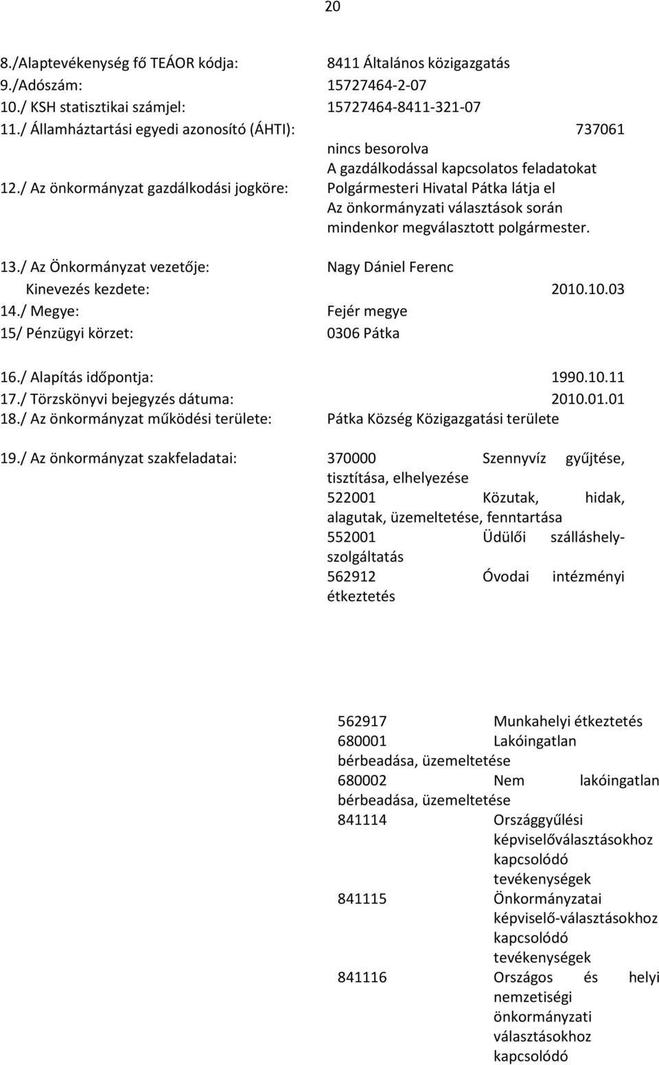 / Az önkormányzat gazdálkodási jogköre: Polgármesteri Hivatal Pátka látja el Az önkormányzati választások során mindenkor megválasztott polgármester. 13.