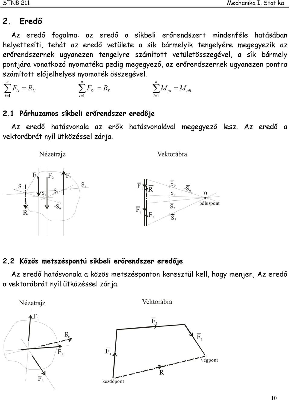 vetületösszegével, a sík bármel pontjára vonatkozó nomatéka pedig megegező, az erőrendszernek uganezen pontra számított előjelheles nomaték összegével. n n = R = R í i i= i= i= n = α i αr.