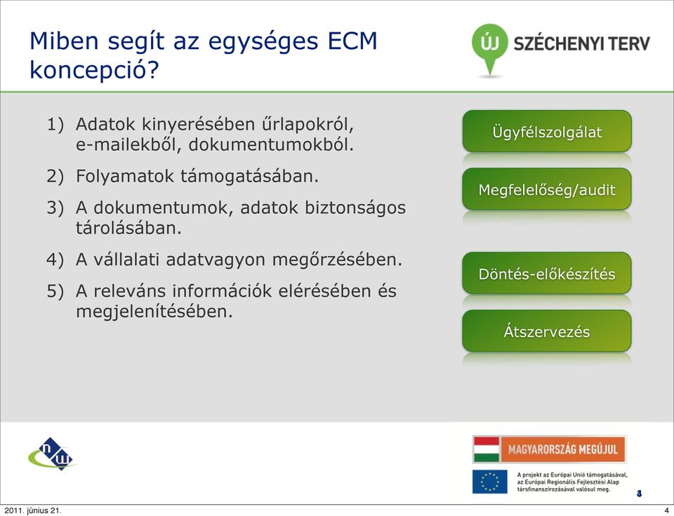 2) Folyamatok támogatásában. 3) A dokumentumok, adatok biztonságos tárolásában.