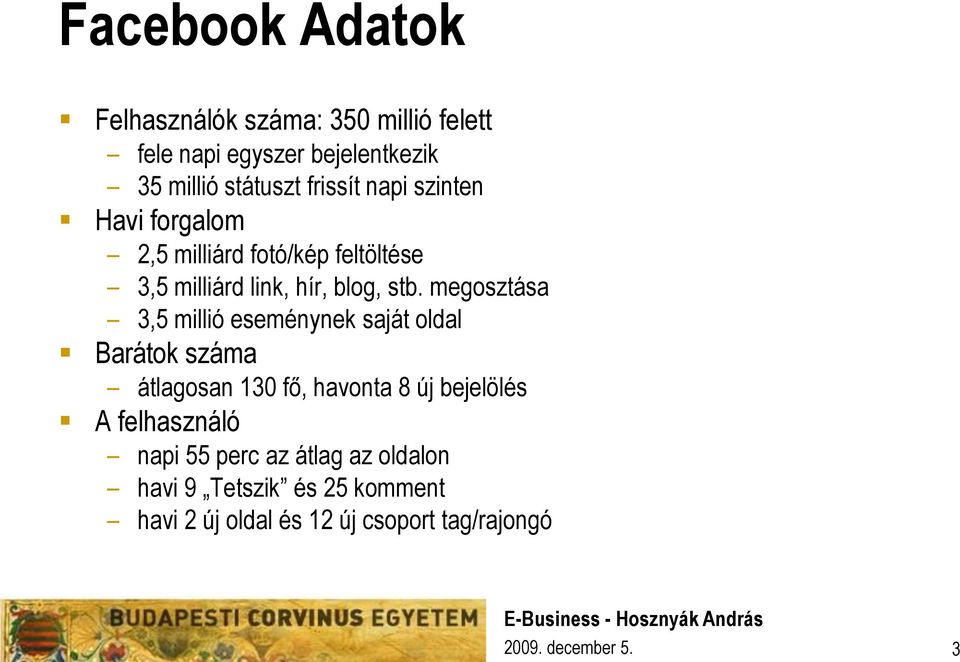 megosztása 3,5 millió eseménynek saját oldal Barátok száma átlagosan 130 fő, havonta 8 új bejelölés A