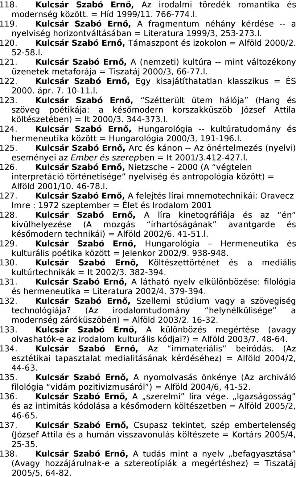 Kulcsár Szabó Ernő, A (nemzeti) kultúra -- mint változékony üzenetek metaforája = Tiszatáj 2000/3, 66-77.l. 122. Kulcsár Szabó Ernő, Egy kisajátíthatatlan klasszikus = ÉS 2000. ápr. 7. 10-11.l. 123.